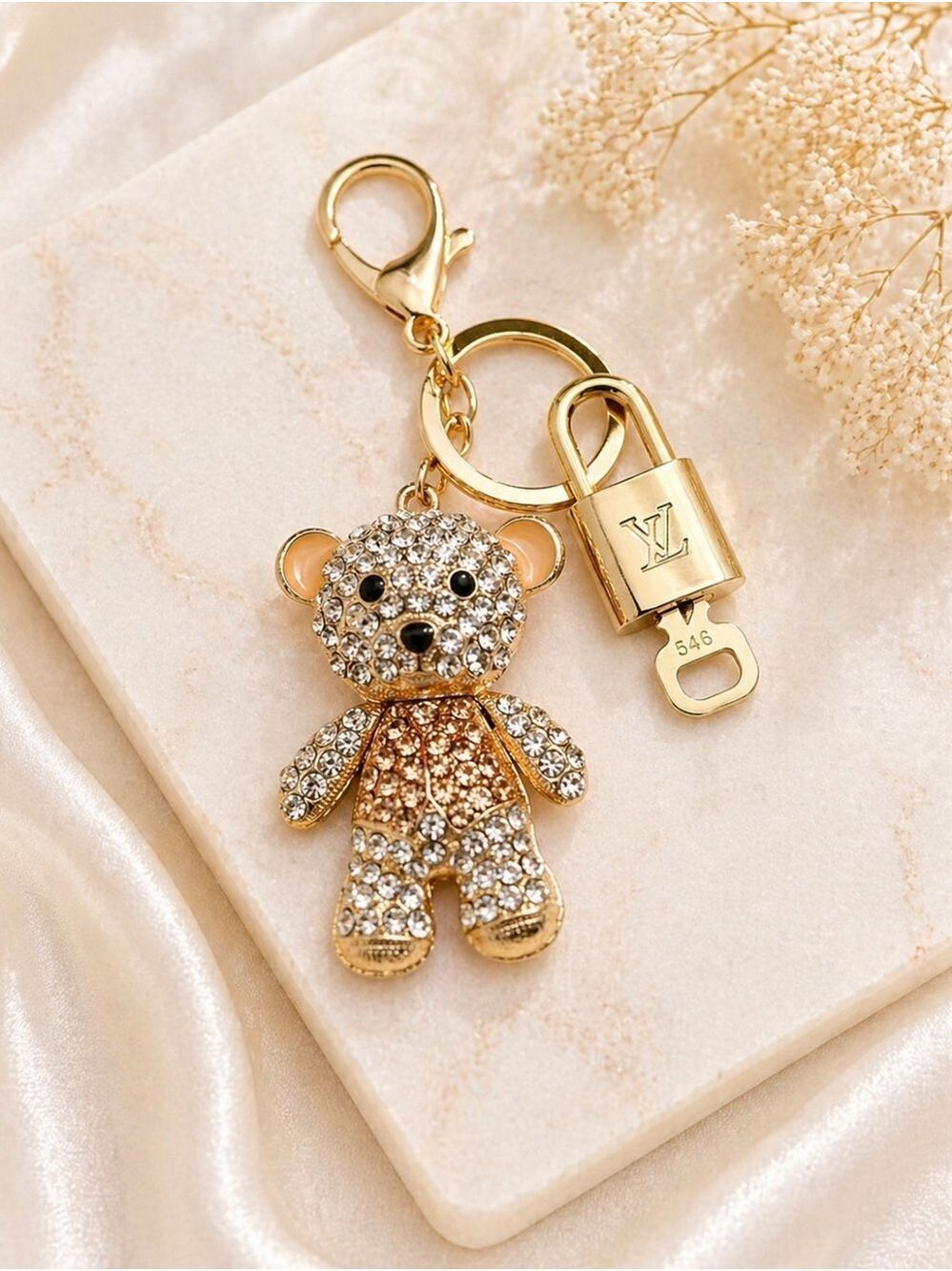 Authentic Louis Vuitton Lock & Key with unbranded Rhinstone Bear Bagcharm
